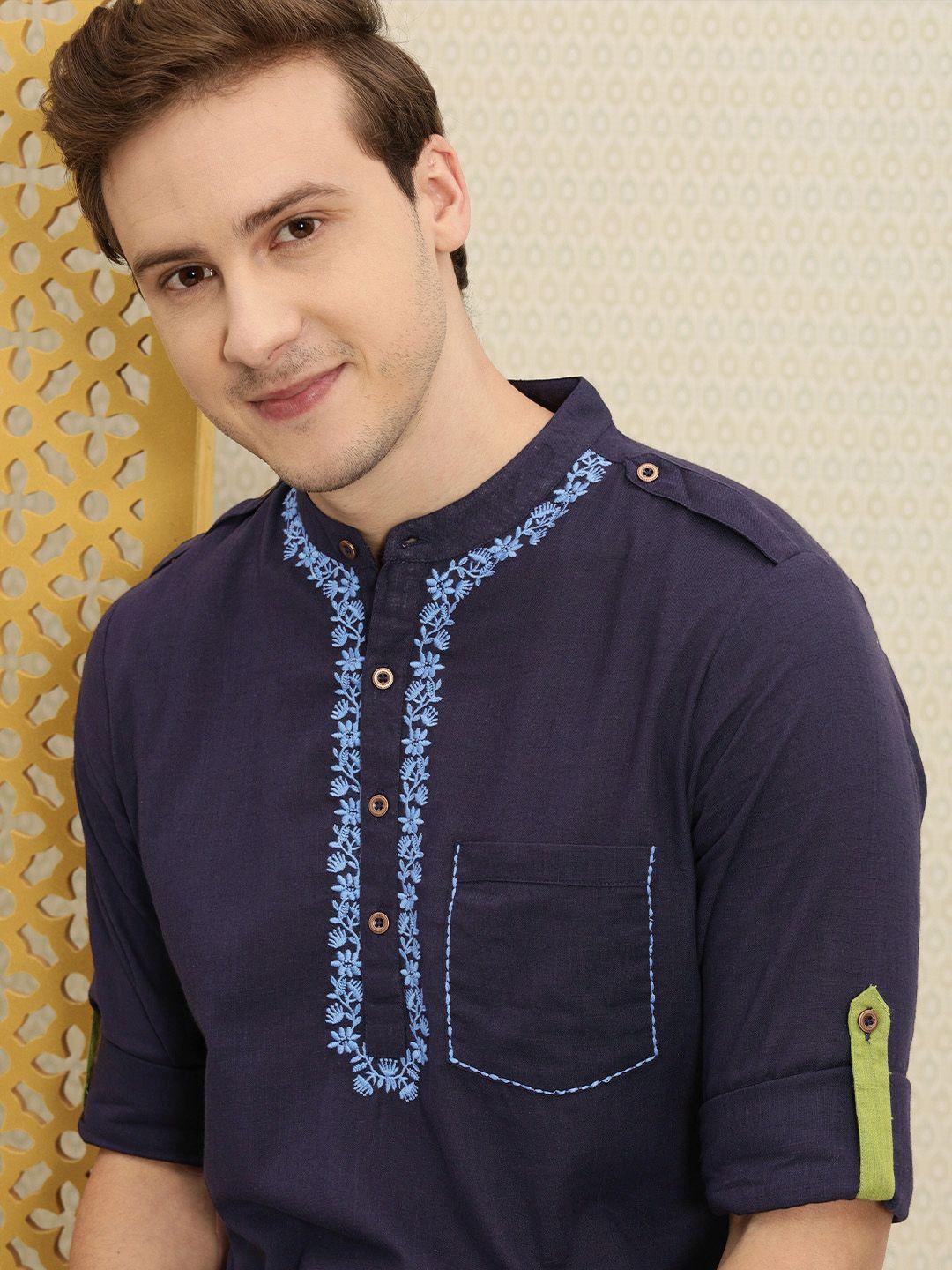 house of pataudi men blue embroidered rozana kurta