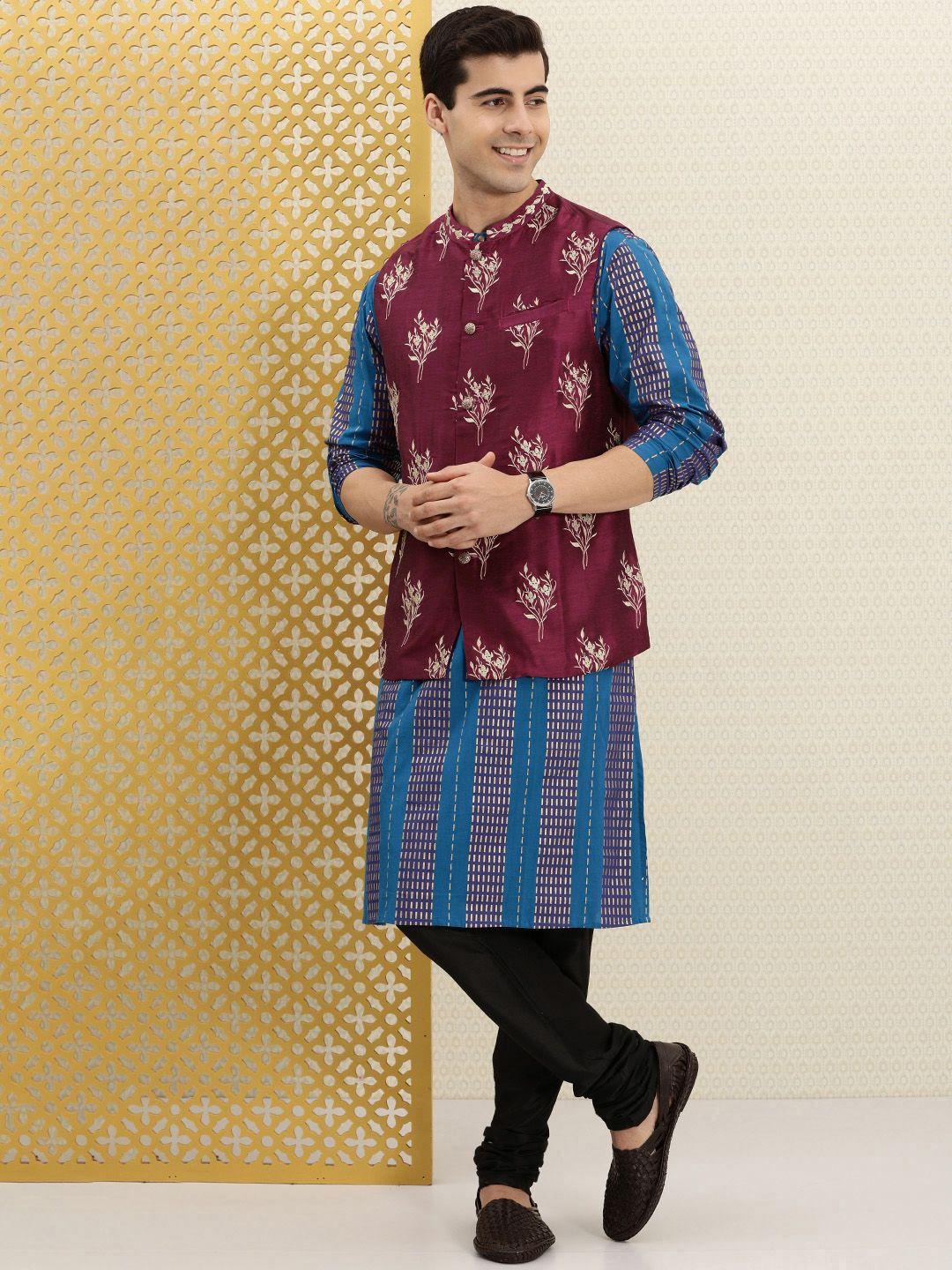 house of pataudi men blue printed jashn kurta set with jacket