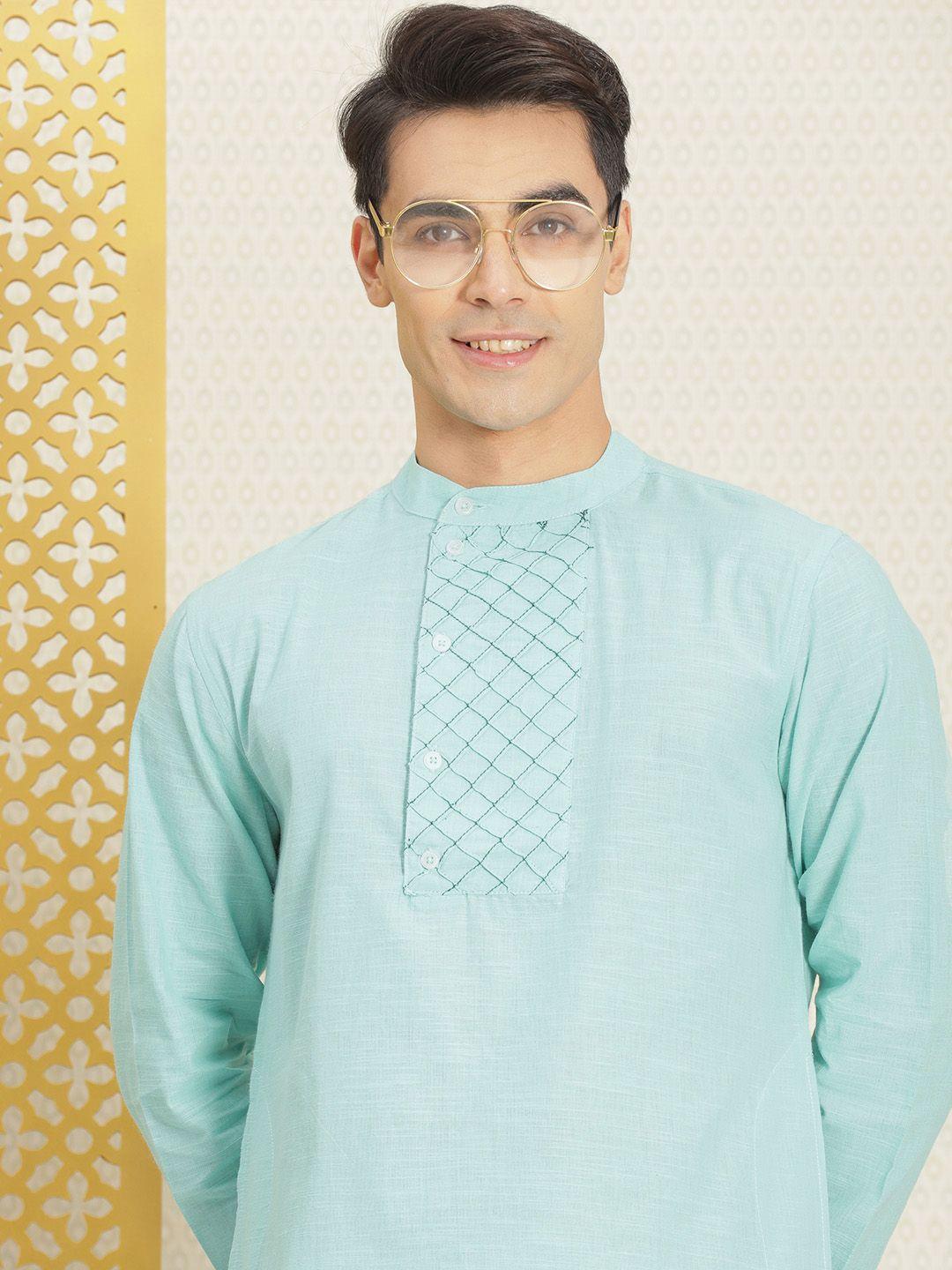 house of pataudi men blue thread work pure cotton jashn angrakha kurta