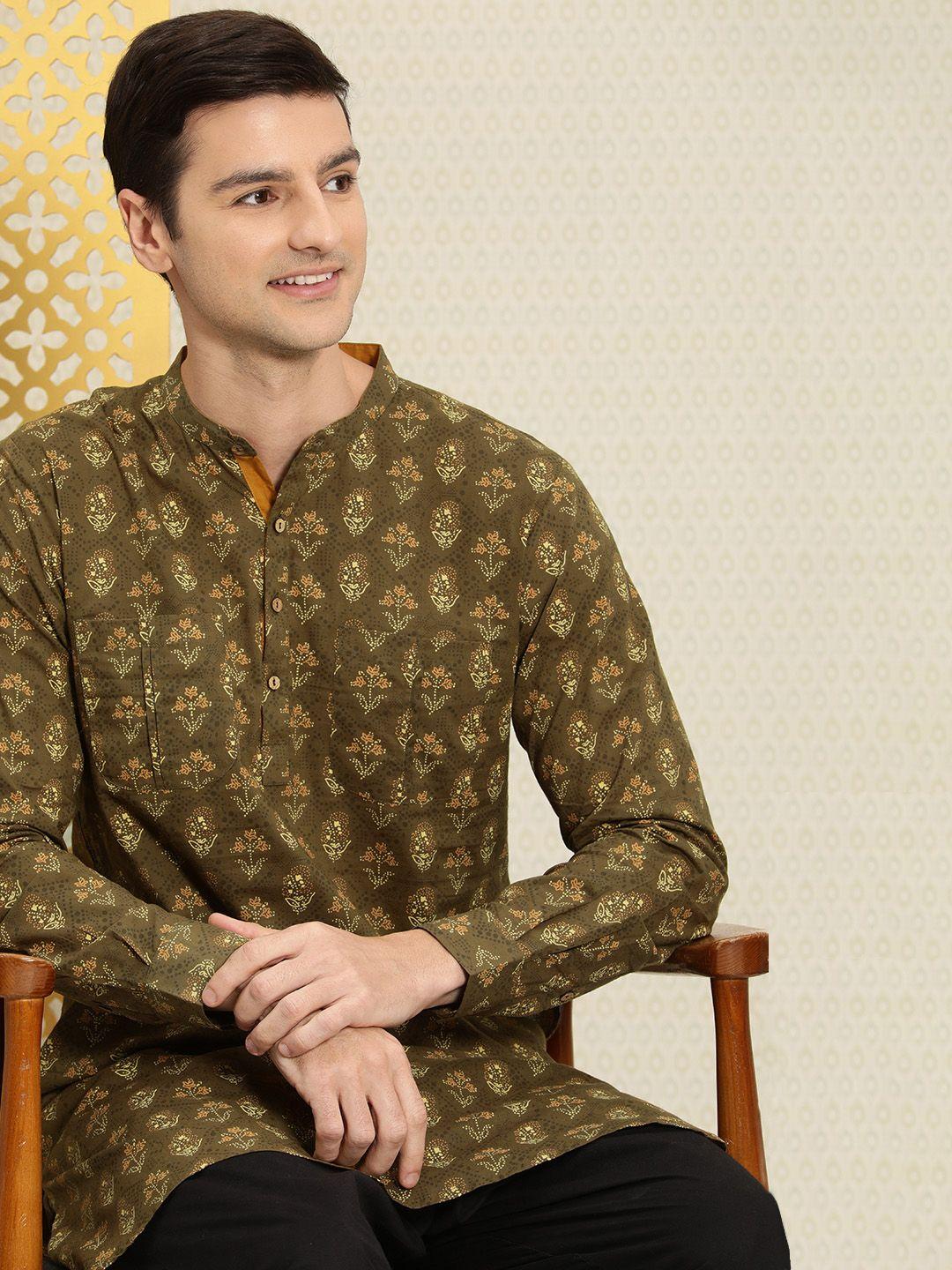 house of pataudi men brown ethnic motifs printed kurta