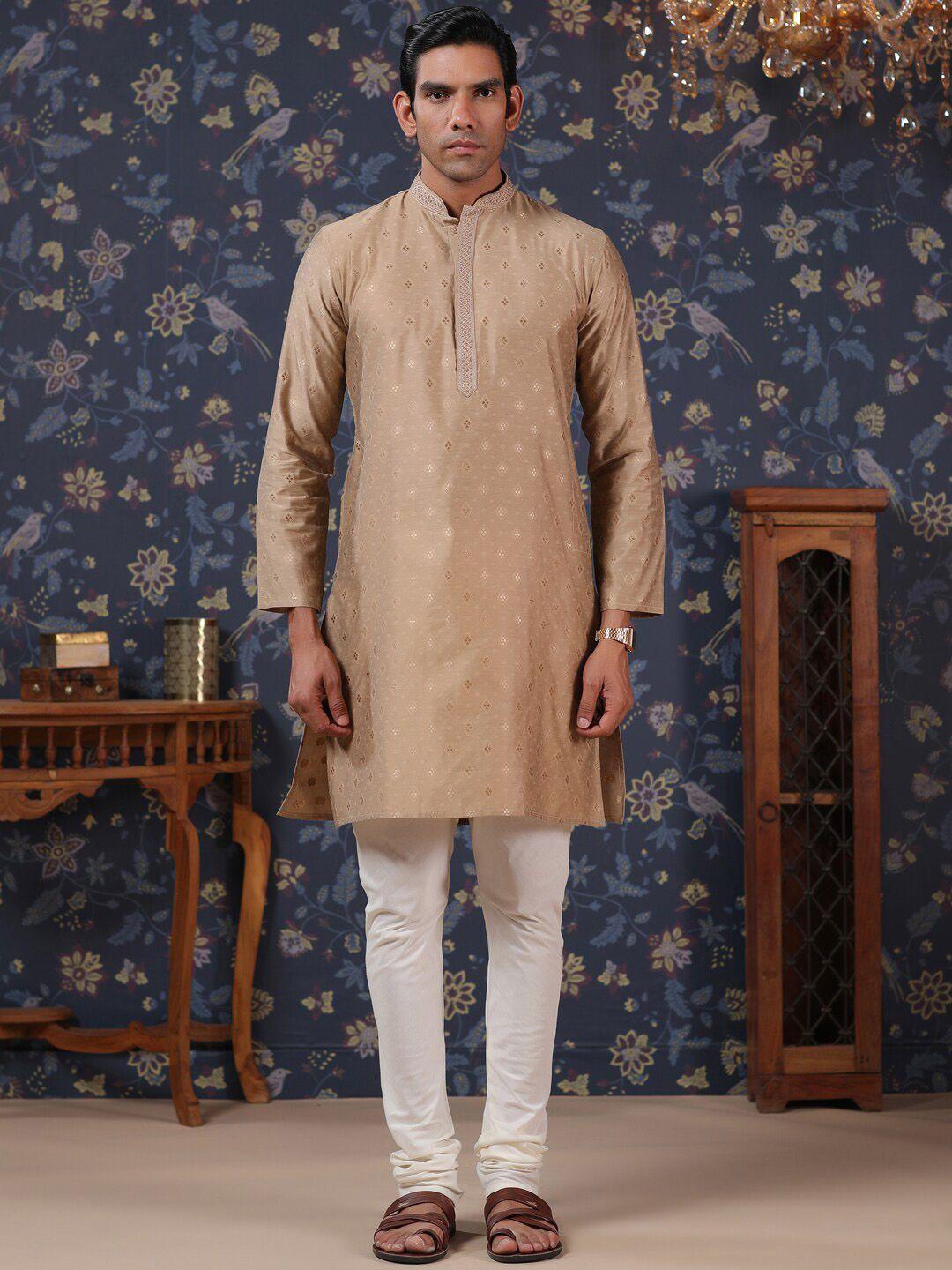 house of pataudi men brown regular pure cotton kurta with churidar