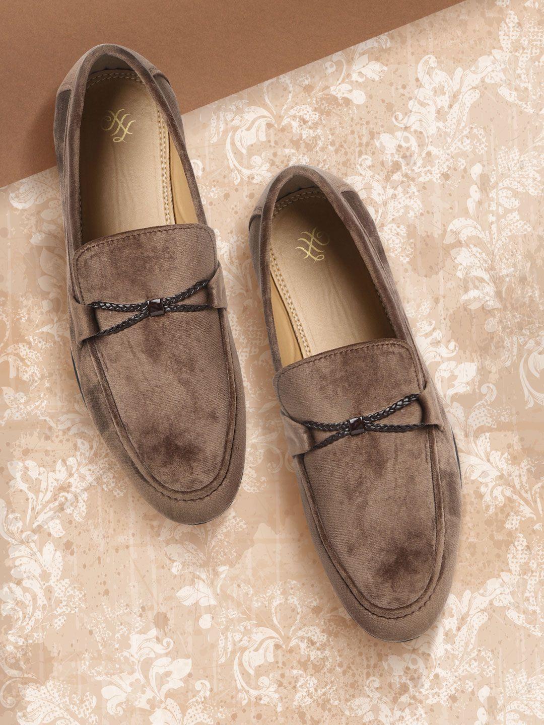 house of pataudi men brown solid velvet finish party loafers