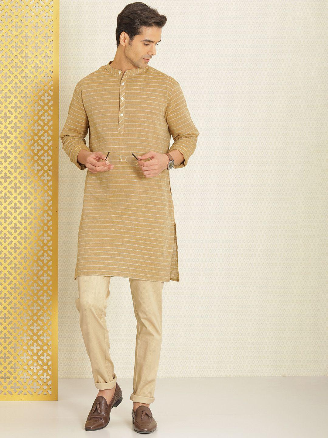 house of pataudi men brown striped rozana kurta