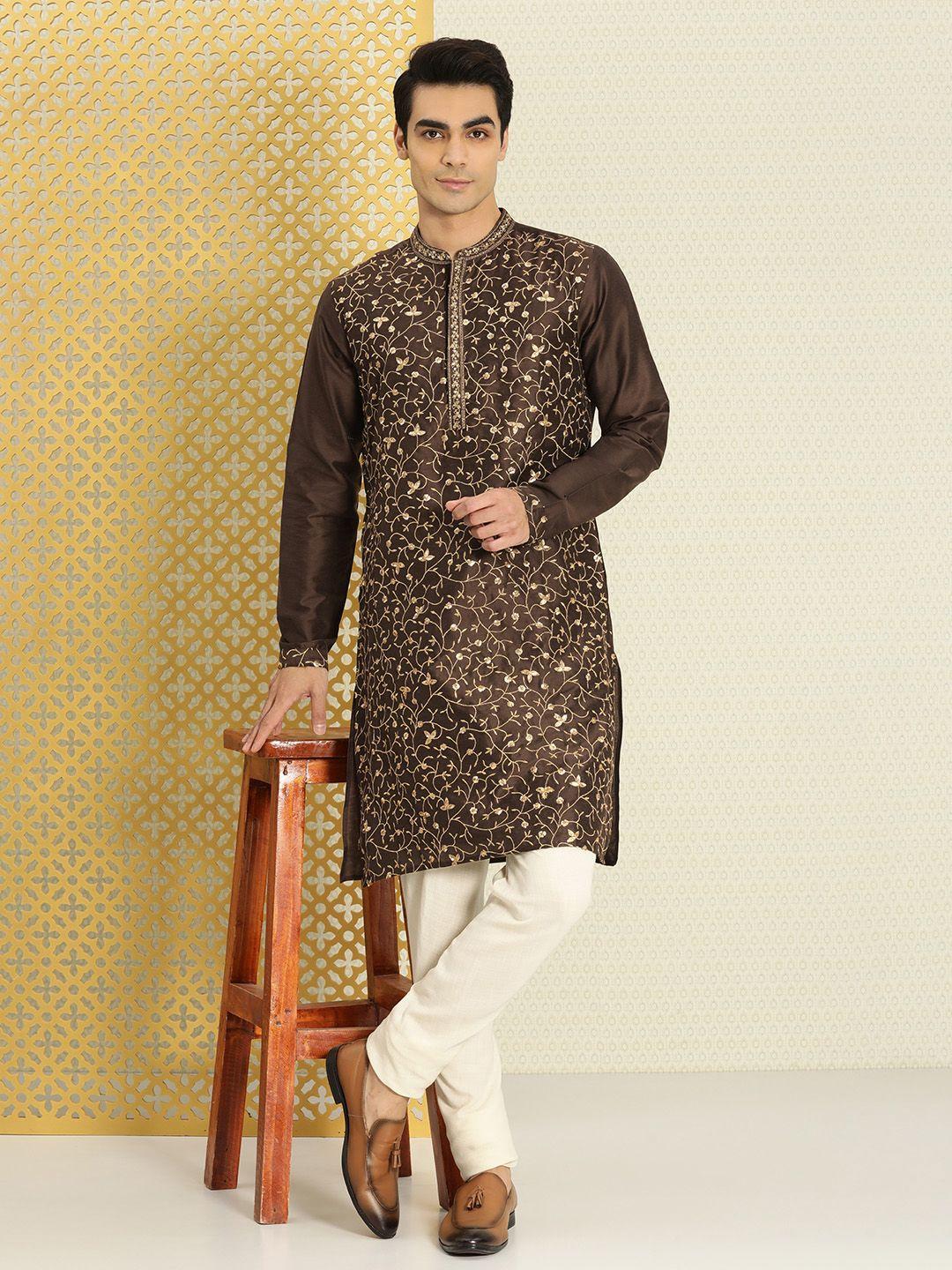 house of pataudi men coffee brown & gold-toned ethnic motifs embroidered jashn kurta