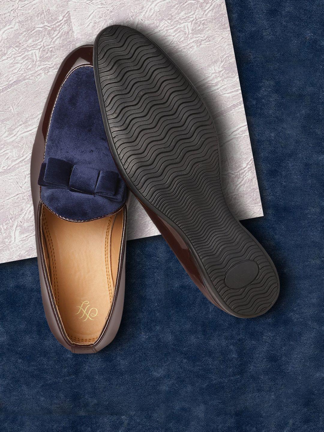 house of pataudi men coffee brown & navy blue colourblocked handcrafted loafers