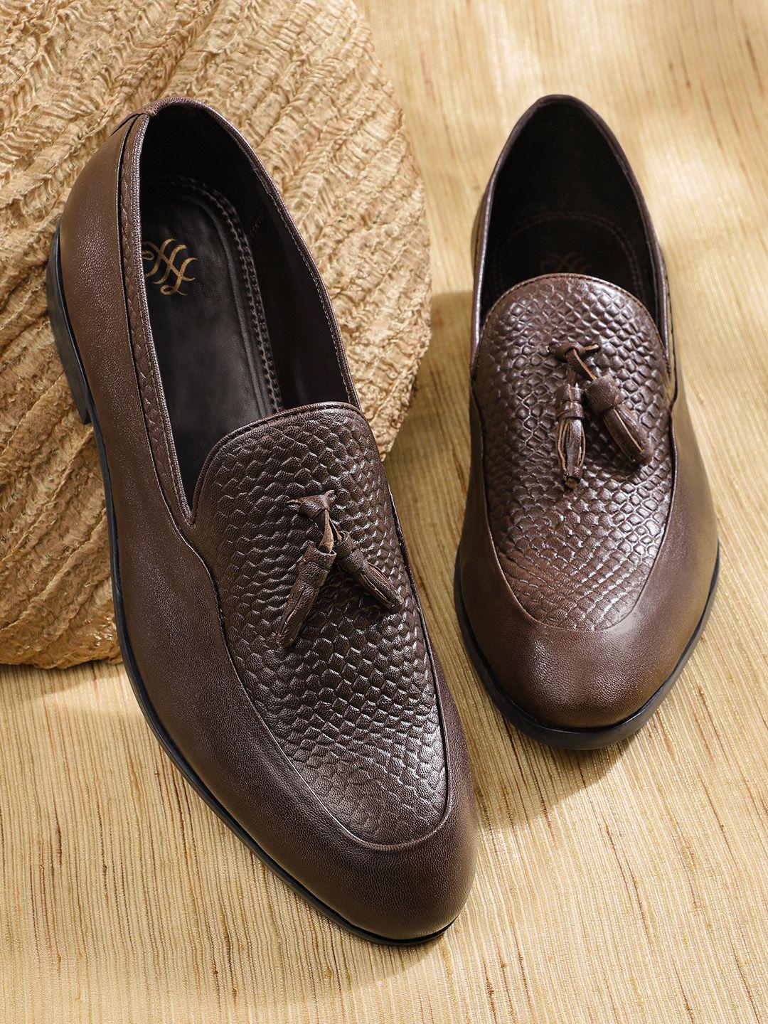 house of pataudi men coffee brown textured leather handcrafted formal tassel loafers