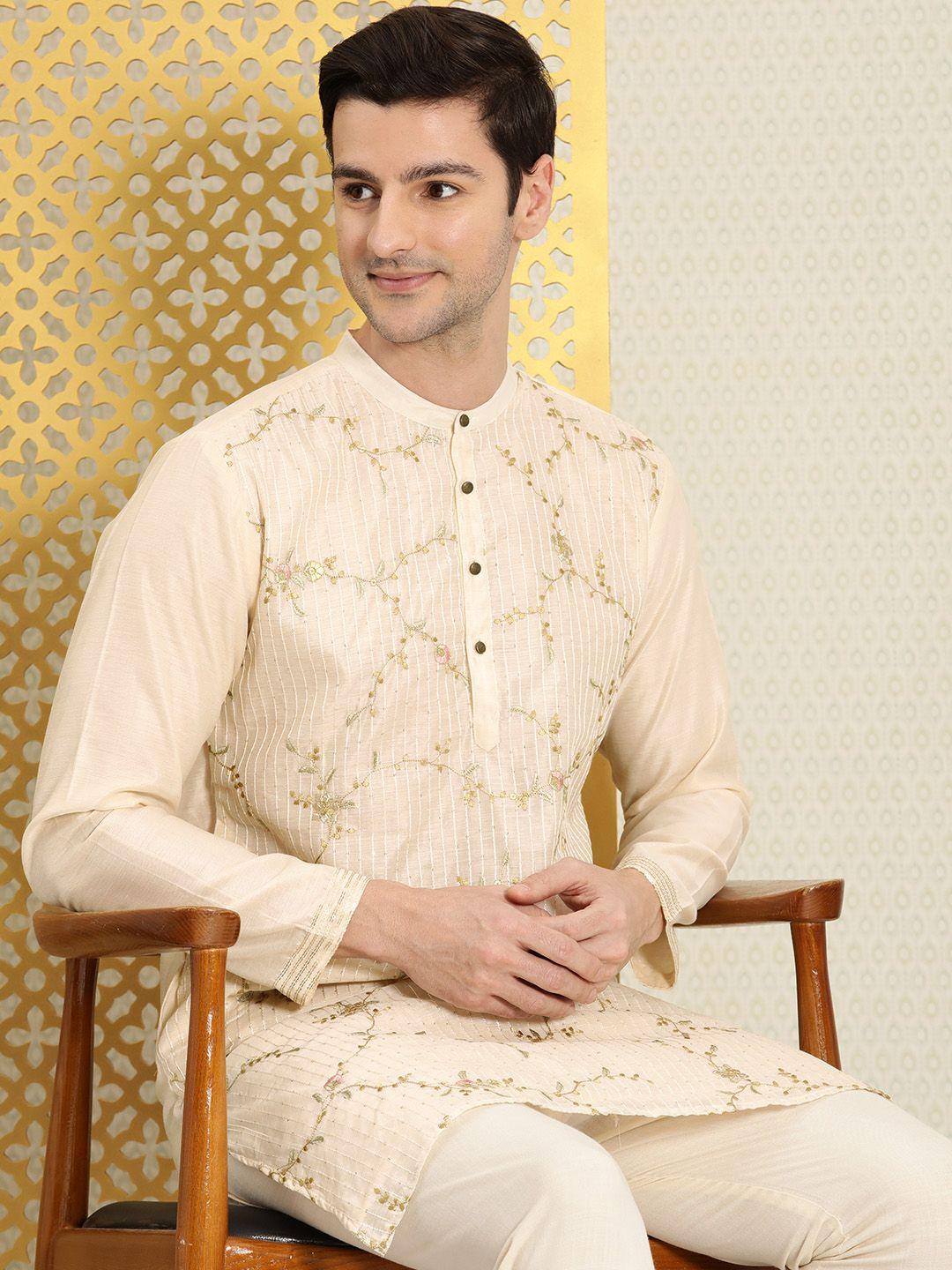 house of pataudi men cream-coloured & olive green ethnic motifs embroidered jashn kurta