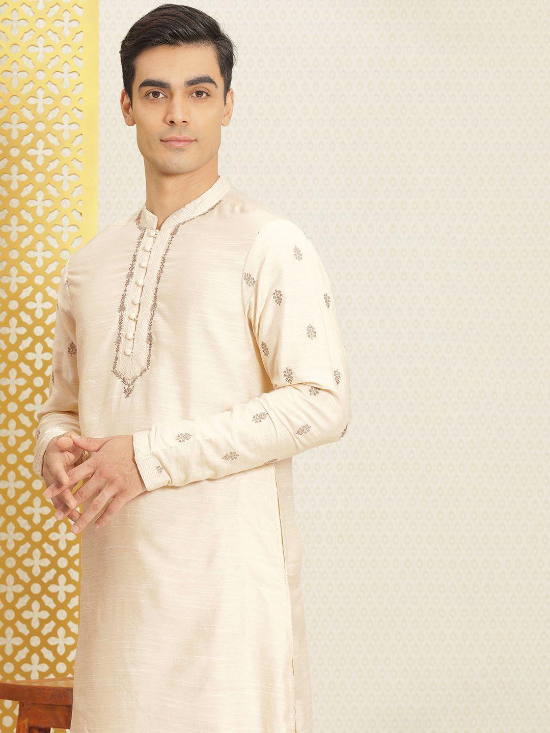 house of pataudi men cream-coloured ethnic motifs embroidered rozana kurta