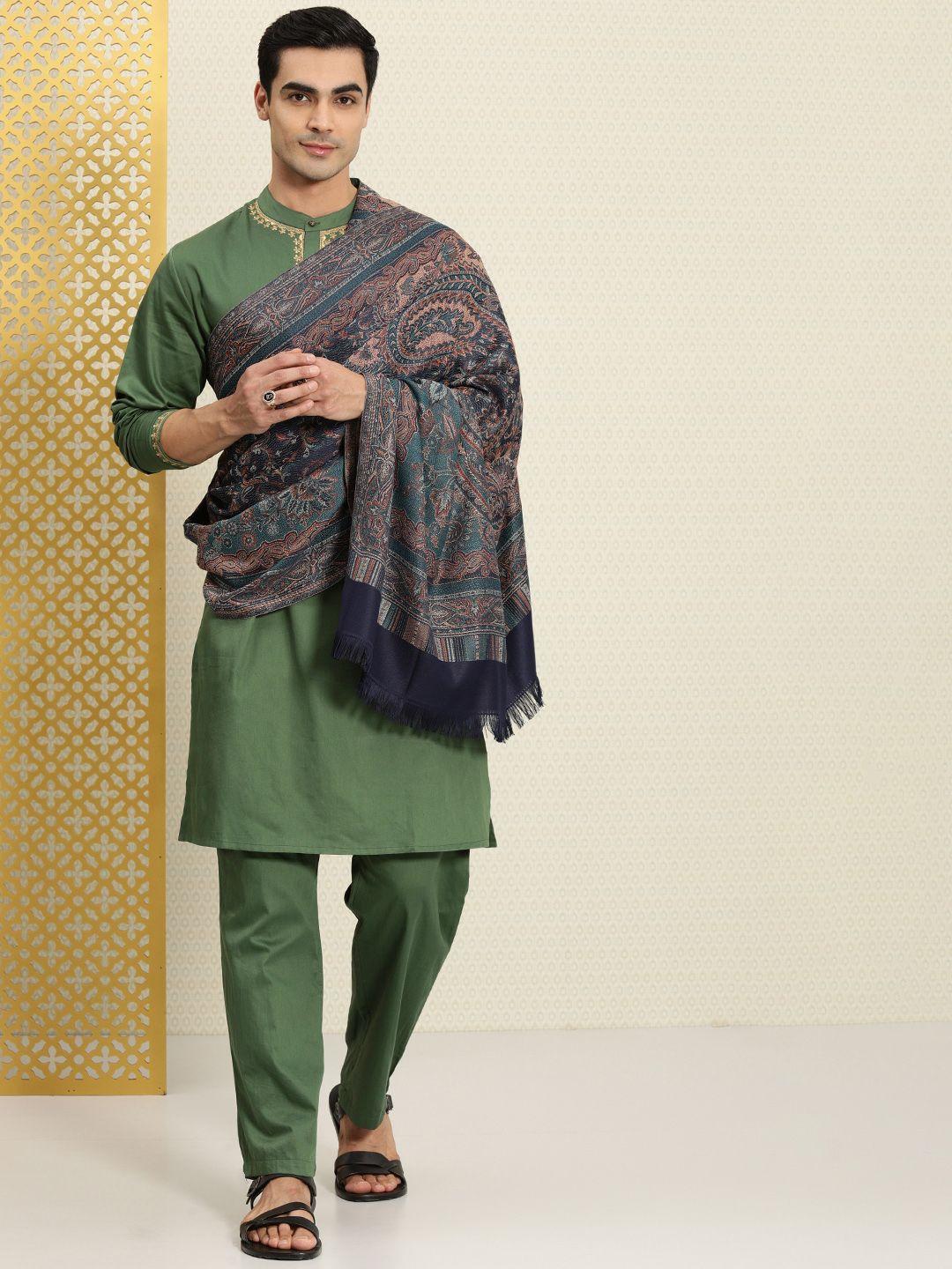 house of pataudi men embroidered pure cotton rozana kurta with trousers & shawl