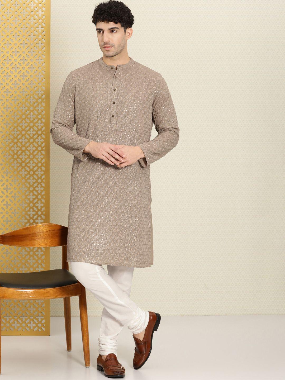 house of pataudi men embroidered regular sequinned rozana kurta with churidar