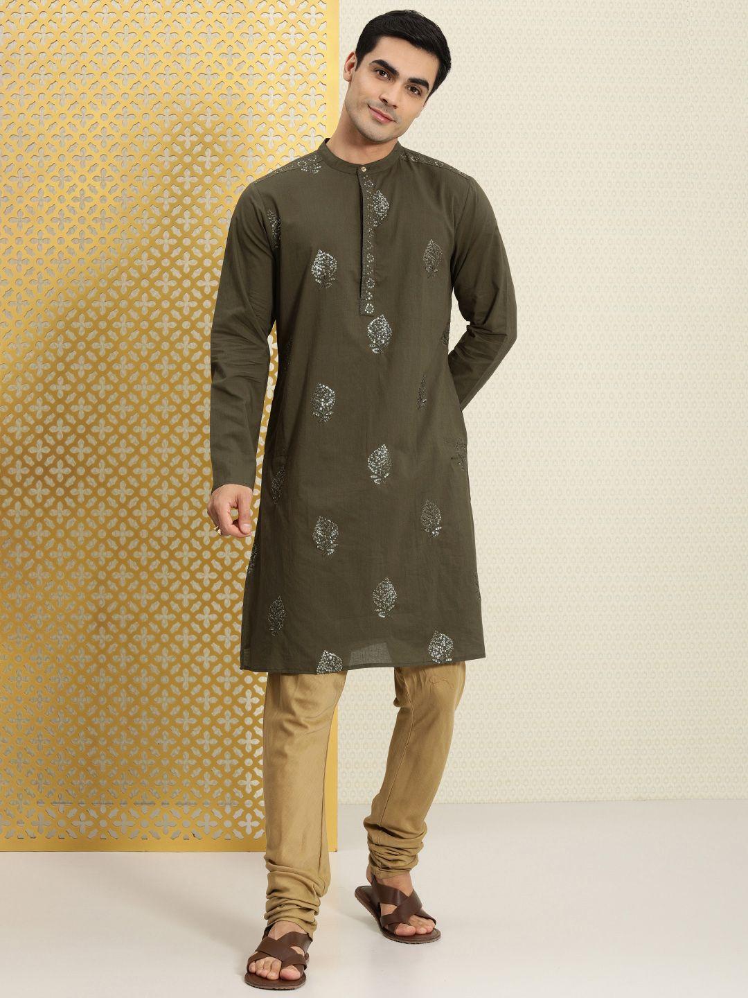 house of pataudi men ethnic motifs embroidered thread work pure cotton jashn kurta