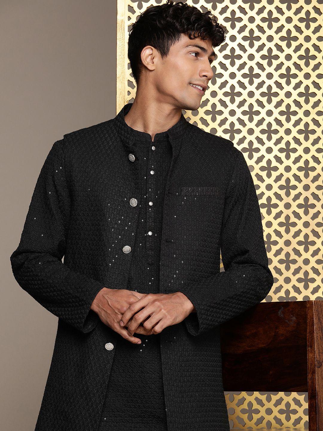 house of pataudi men ethnic motifs sequined jashn kurta with trousers & nehru jacket