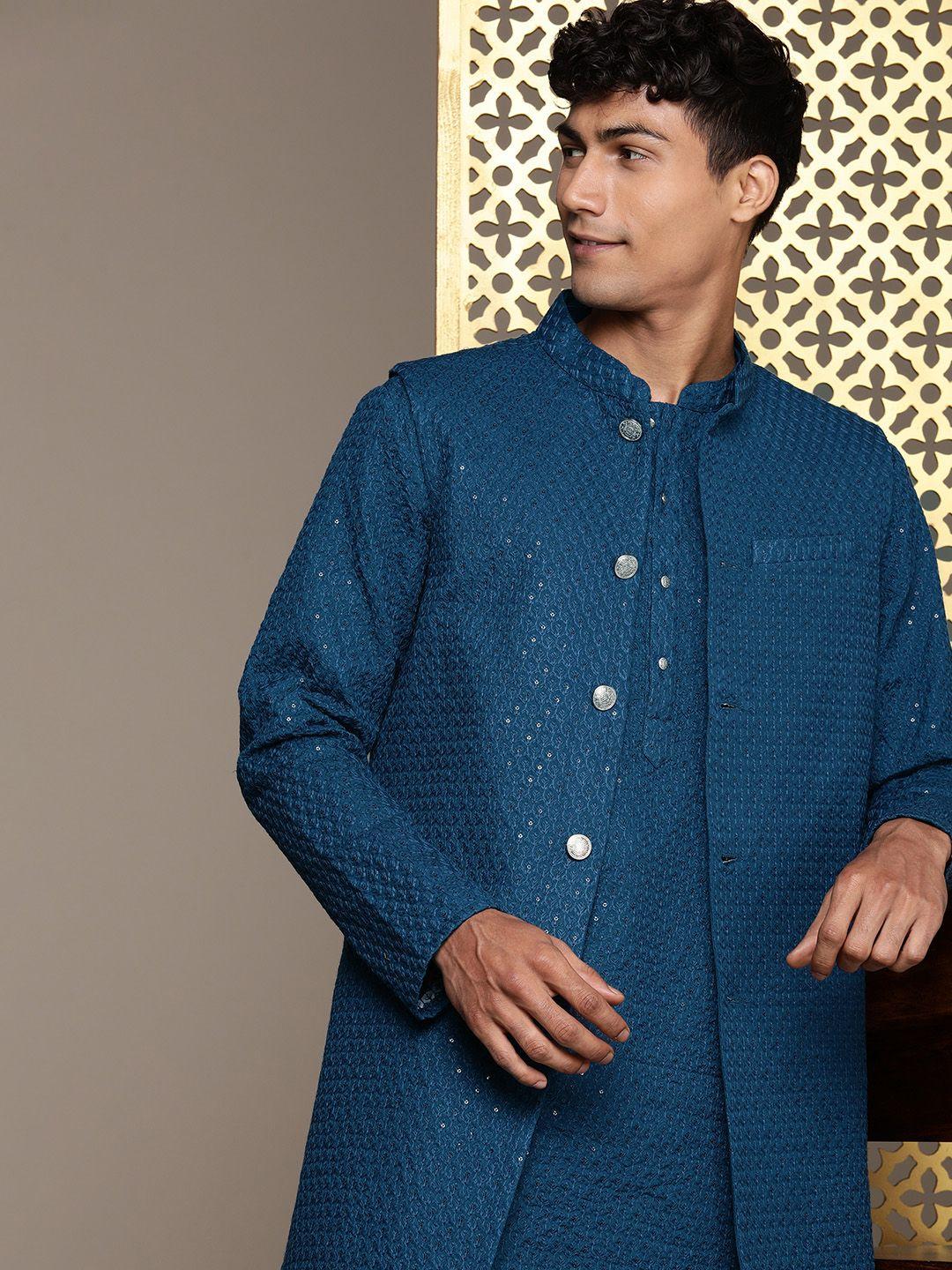 house of pataudi men ethnic motifs sequined jashn kurta with trousers & nehru jacket