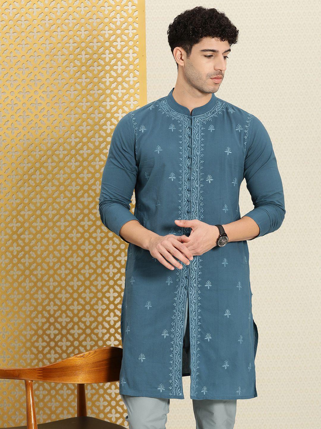 house of pataudi men ethnic motifs thread work pure cotton jashn kurta with churidar