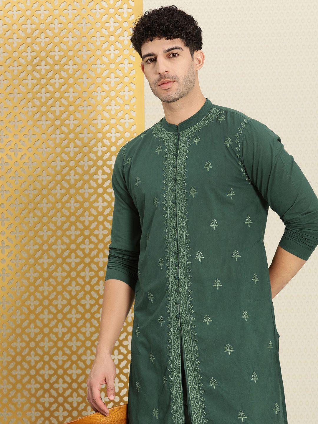 house of pataudi men ethnic motifs thread work pure cotton jashn kurta with churidar