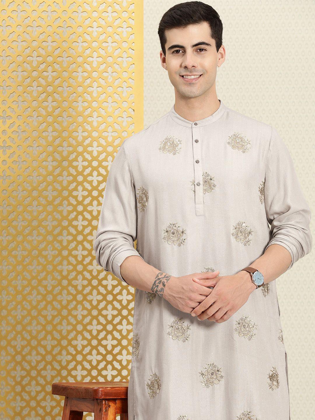 house of pataudi men floral embroidered thread work jashn kurta