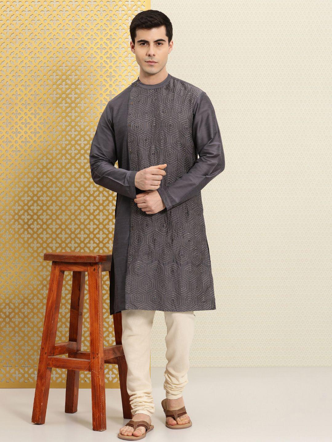 house of pataudi men geometric embroidered kurta