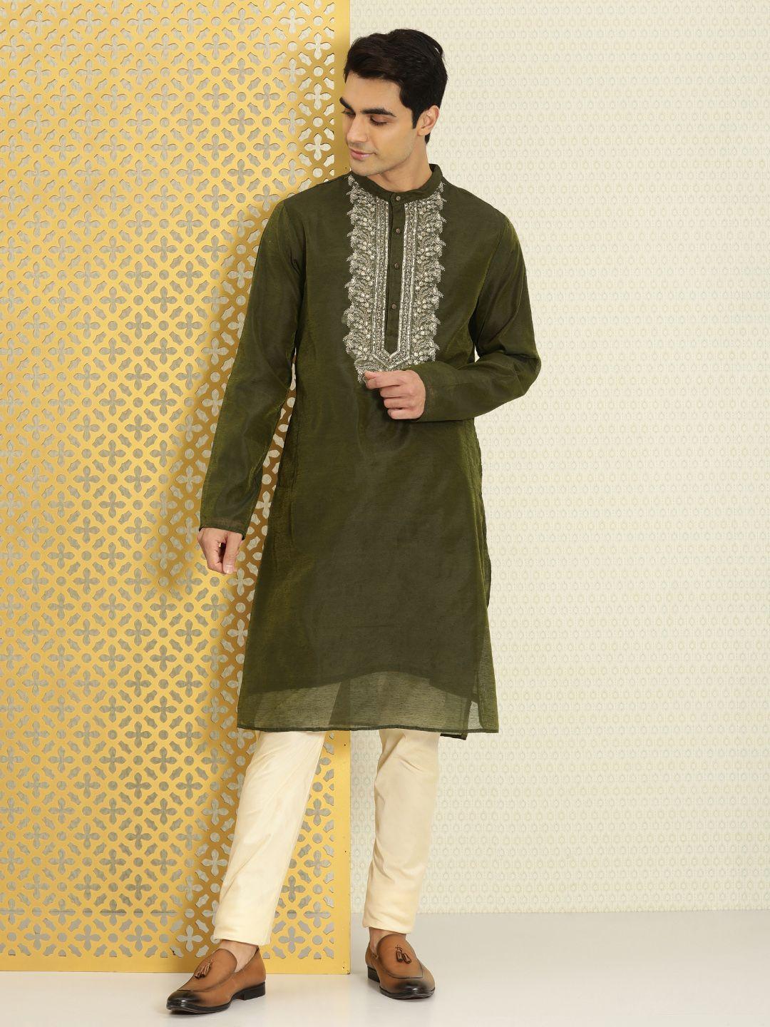 house of pataudi men green & gold-toned floral sequin jashn yoke design kurta