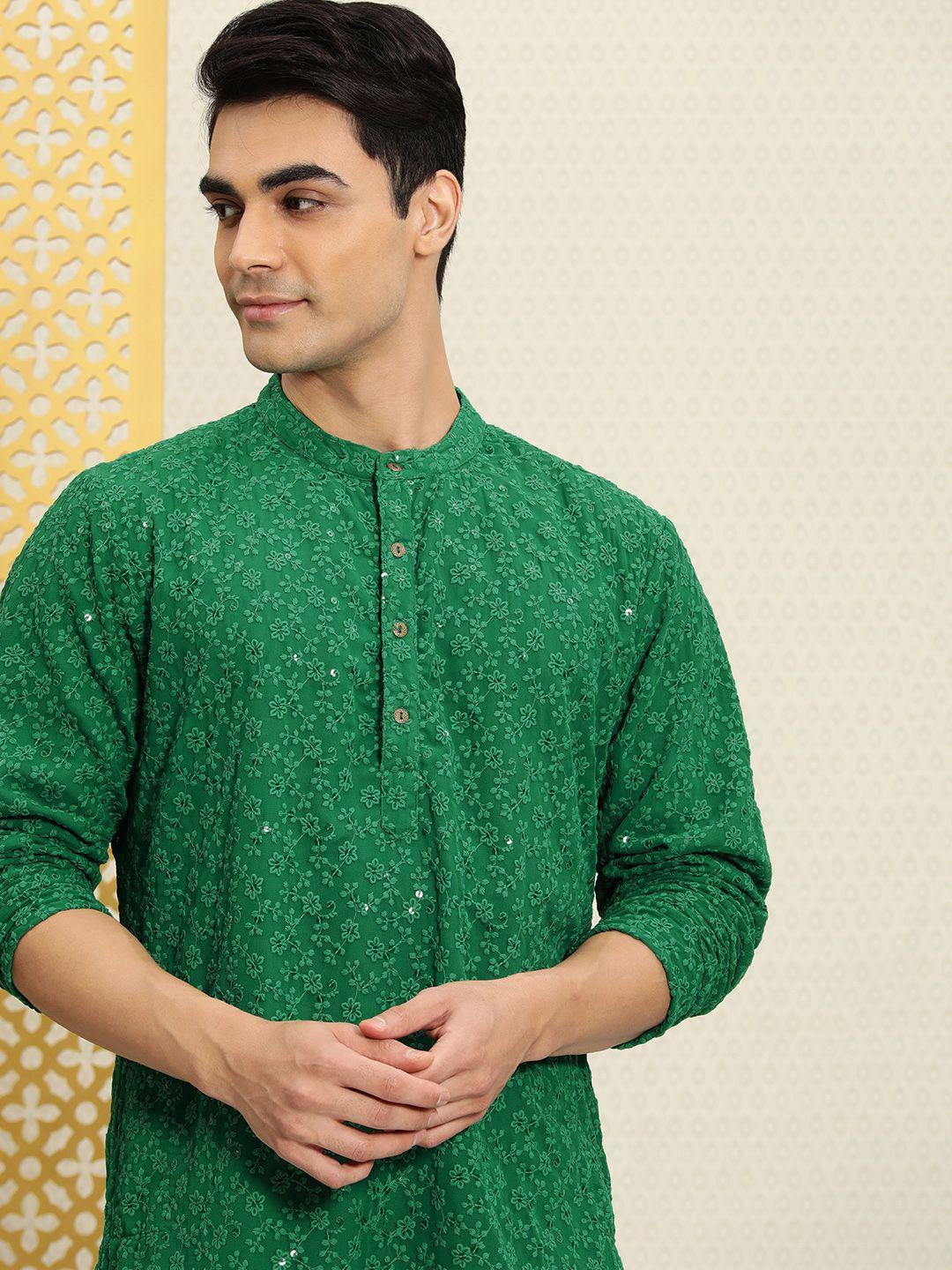 house of pataudi men green floral embroidered rozana kurta