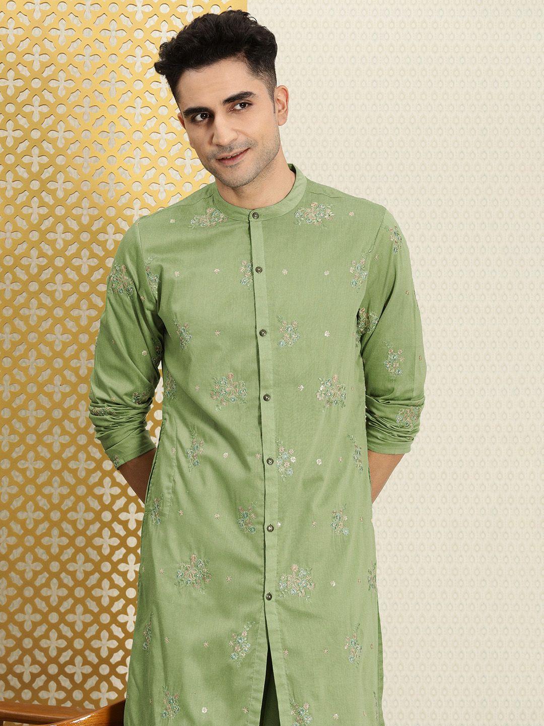 house of pataudi men green jashn dua floral embroidered kurta with churidar