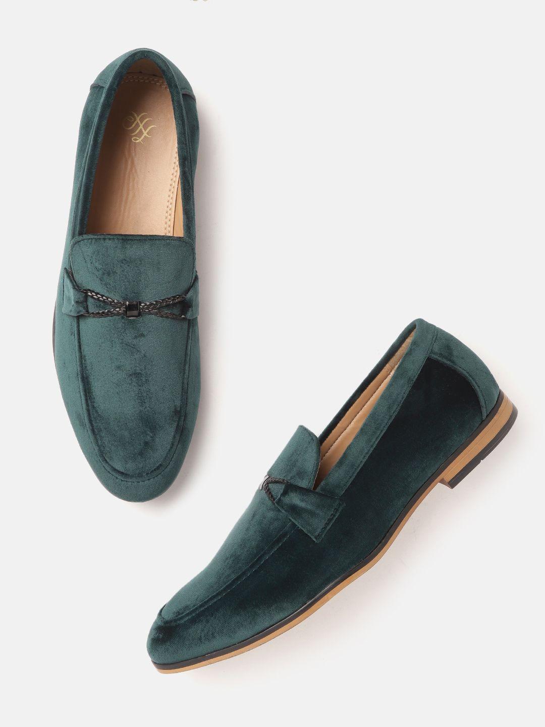 house of pataudi men green solid velvet finish party loafers