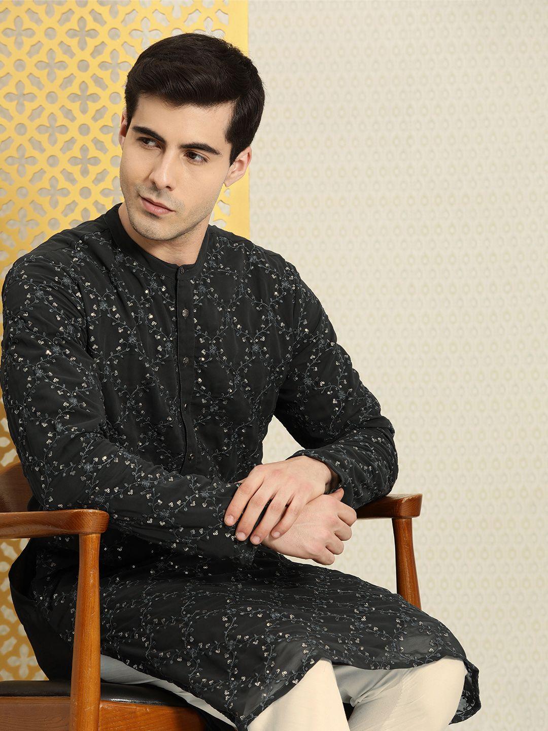 house of pataudi men jashn embroidered sequined kurta with churidar