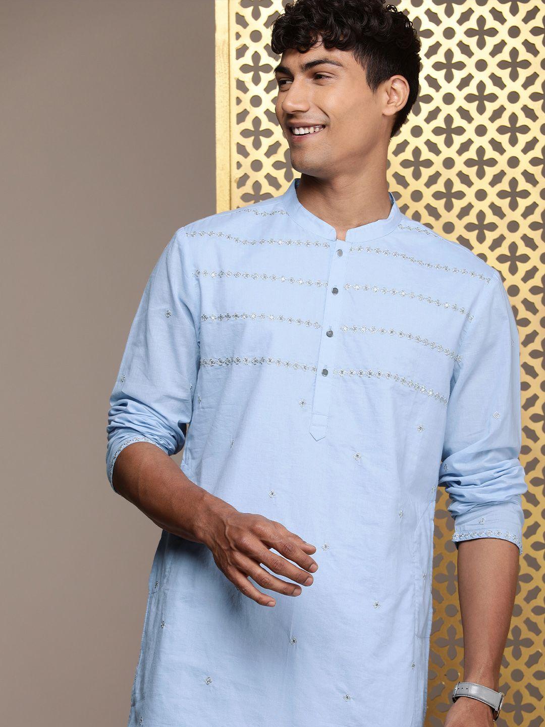 house of pataudi men jashn ethnic motifs embroidered & sequined cotton kurta & pyjamas