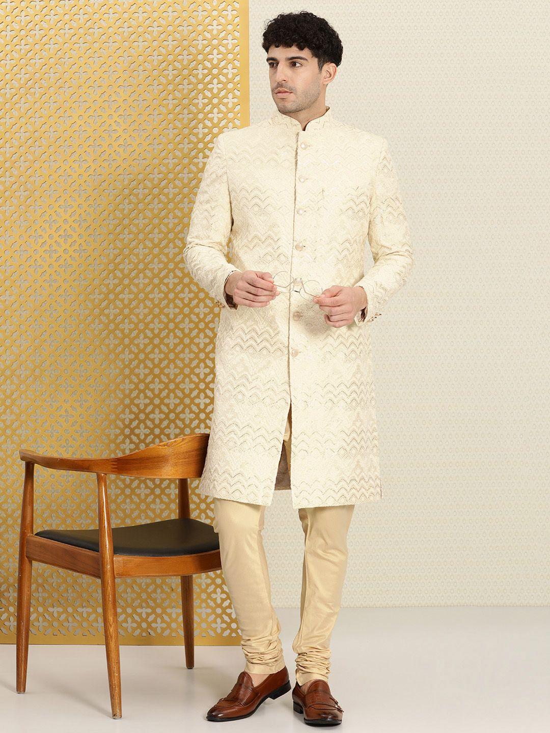 house of pataudi men jashn ethnic motifs embroidered thread work sequined sherwani