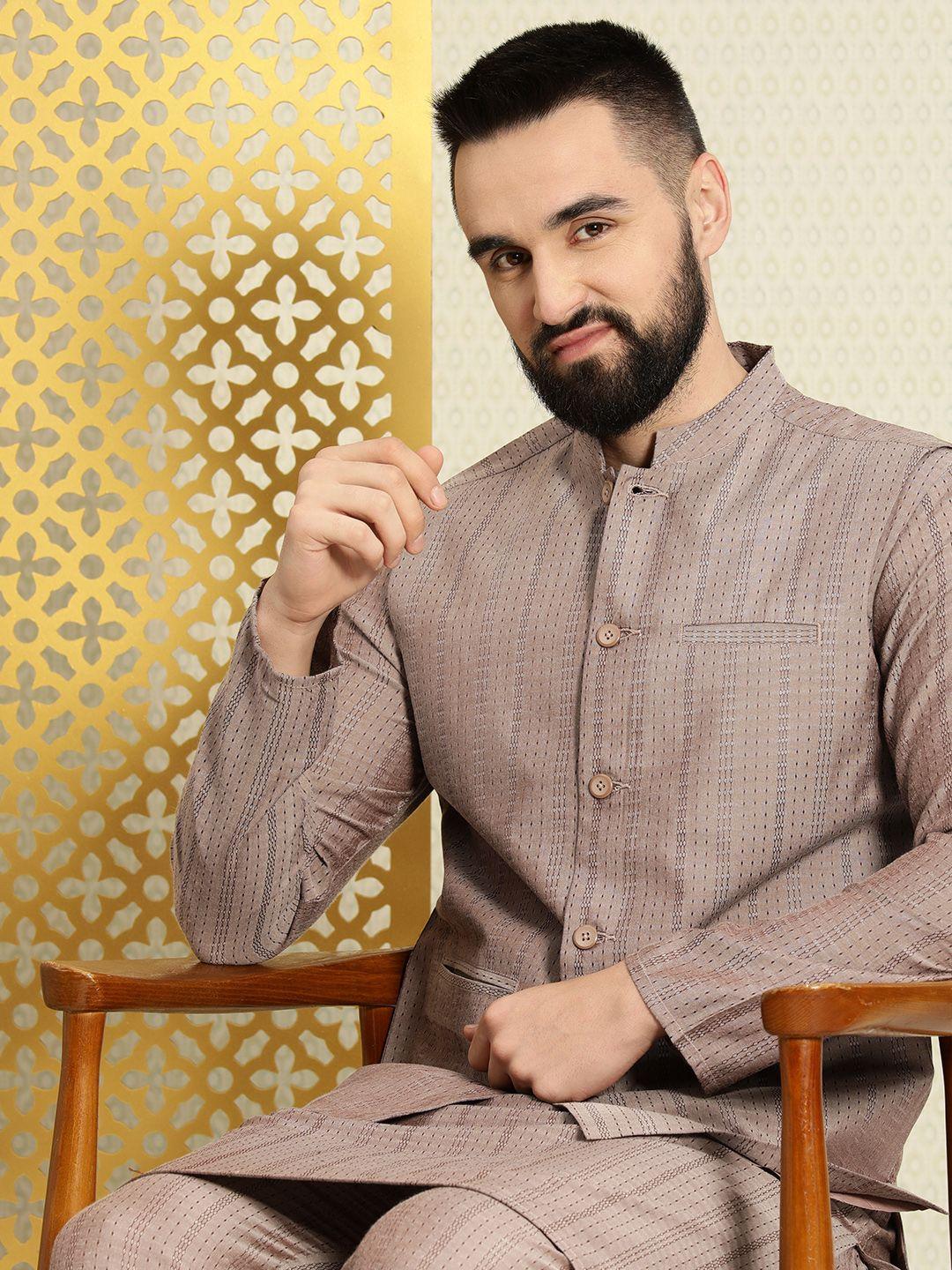 house of pataudi men jashn self design textured kurta & trousers with nehru jacket