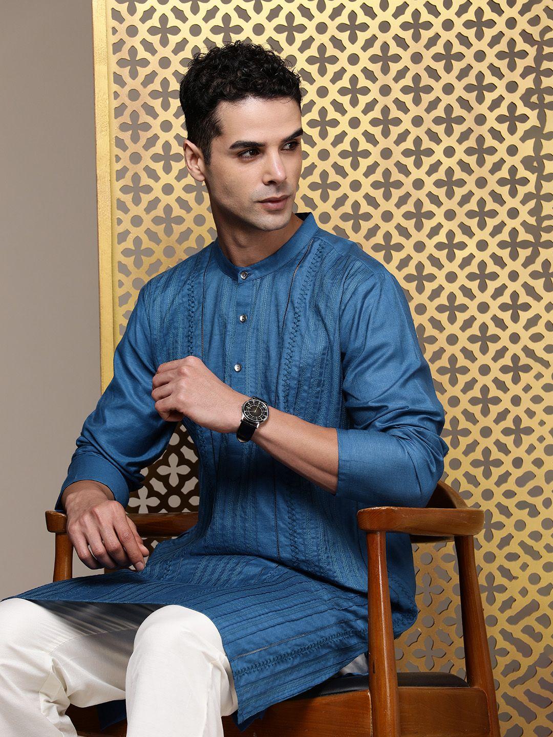 house of pataudi men jashn striped thread work kurta with trousers