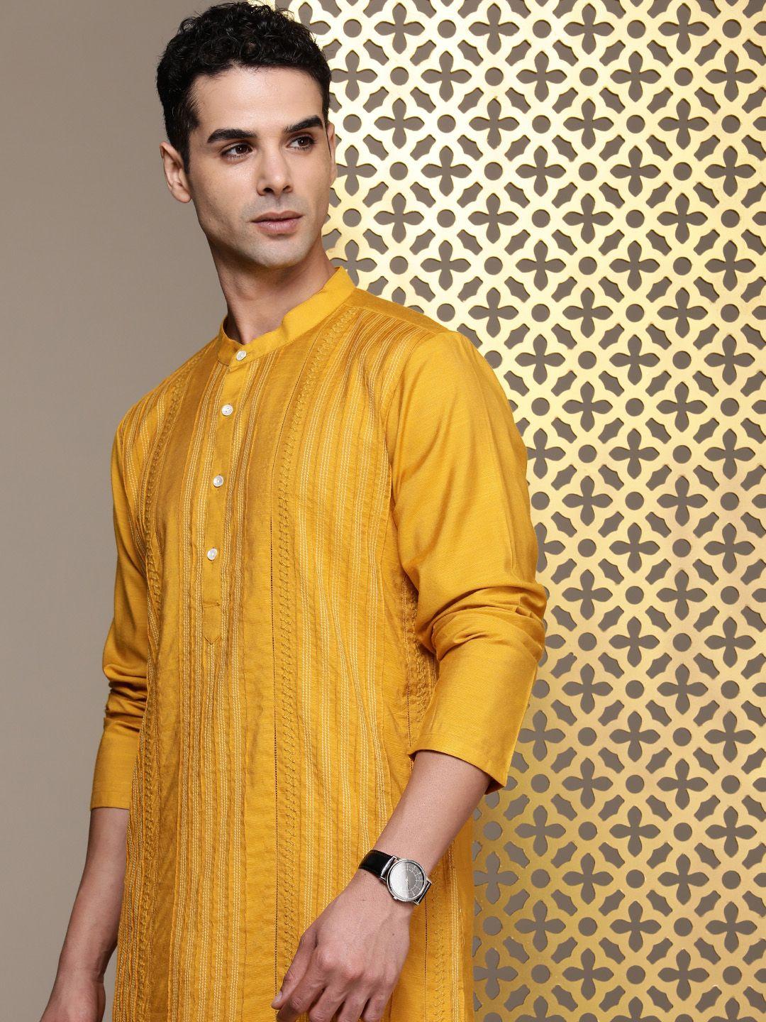 house of pataudi men jashn striped thread work kurta with trousers