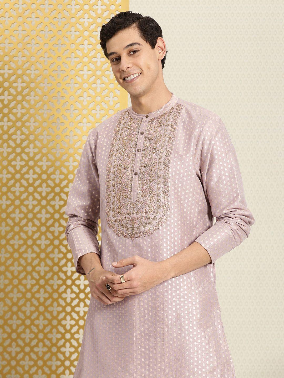 house of pataudi men lavender & gold-toned floral embroidered thread work jashn kurta