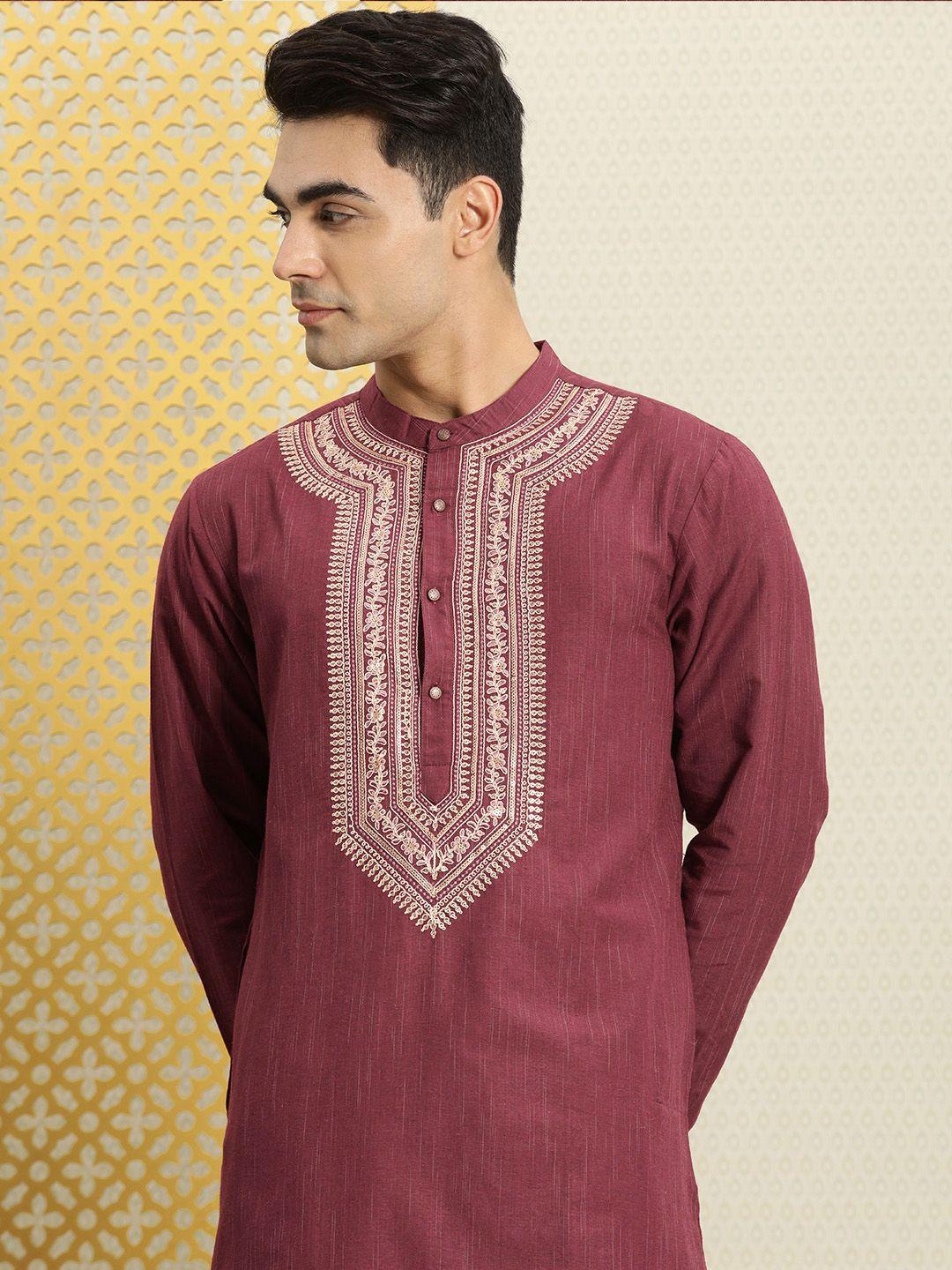 house of pataudi men maroon & gold-toned ethnic motifs embroidered thread work jashn kurta