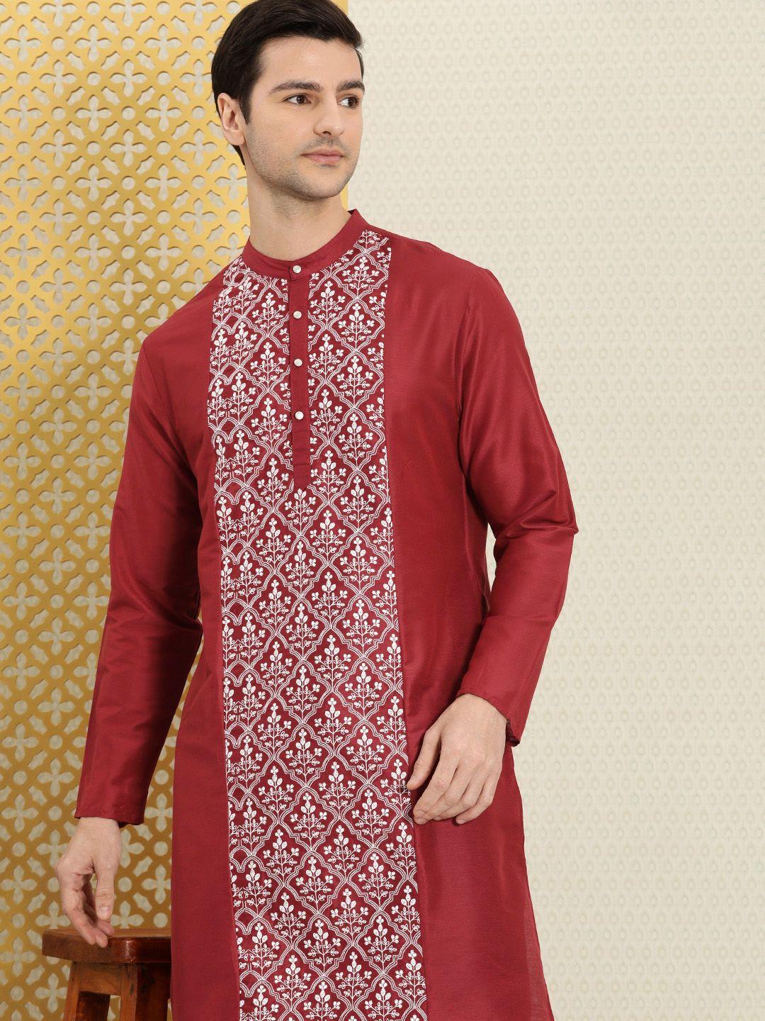 house of pataudi men maroon & white ethnic motifs embroidered thread work jashn kurta