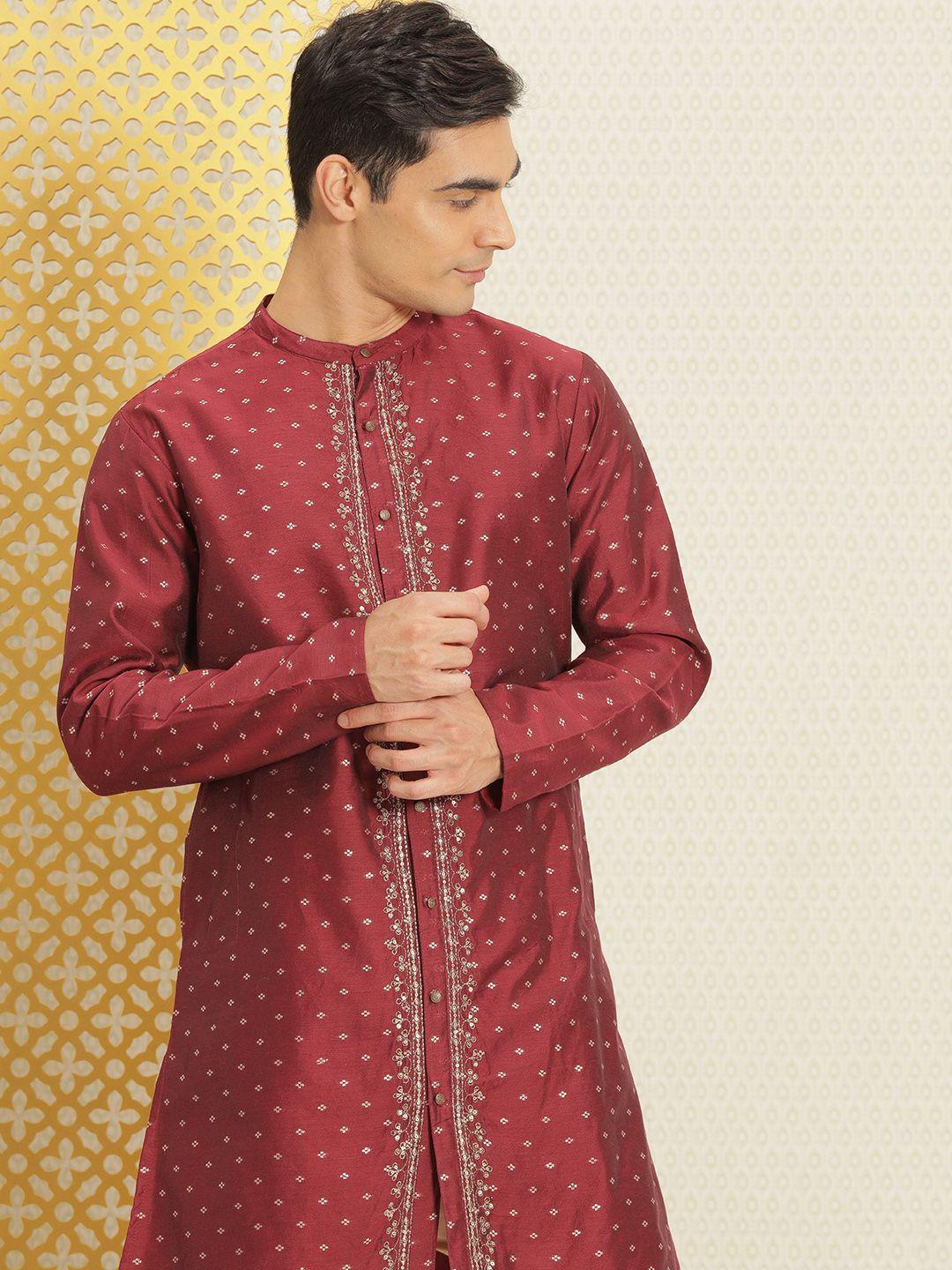 house of pataudi men maroon and gold-toned woven design thread work jashn kurta