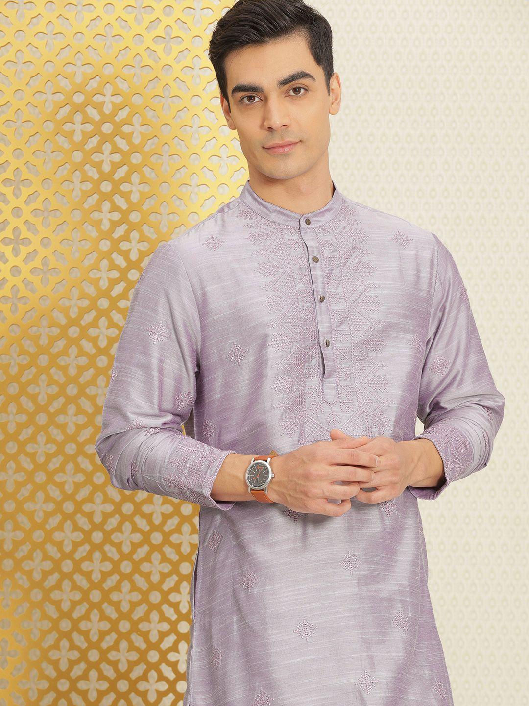 house of pataudi men mauve ethnic motifs embroidered jashn kurta