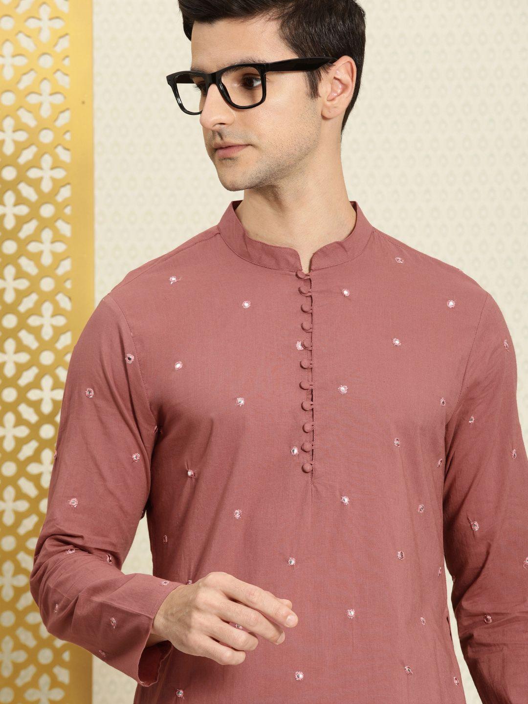 house of pataudi men mauve mirror work pure cotton rozana kurta