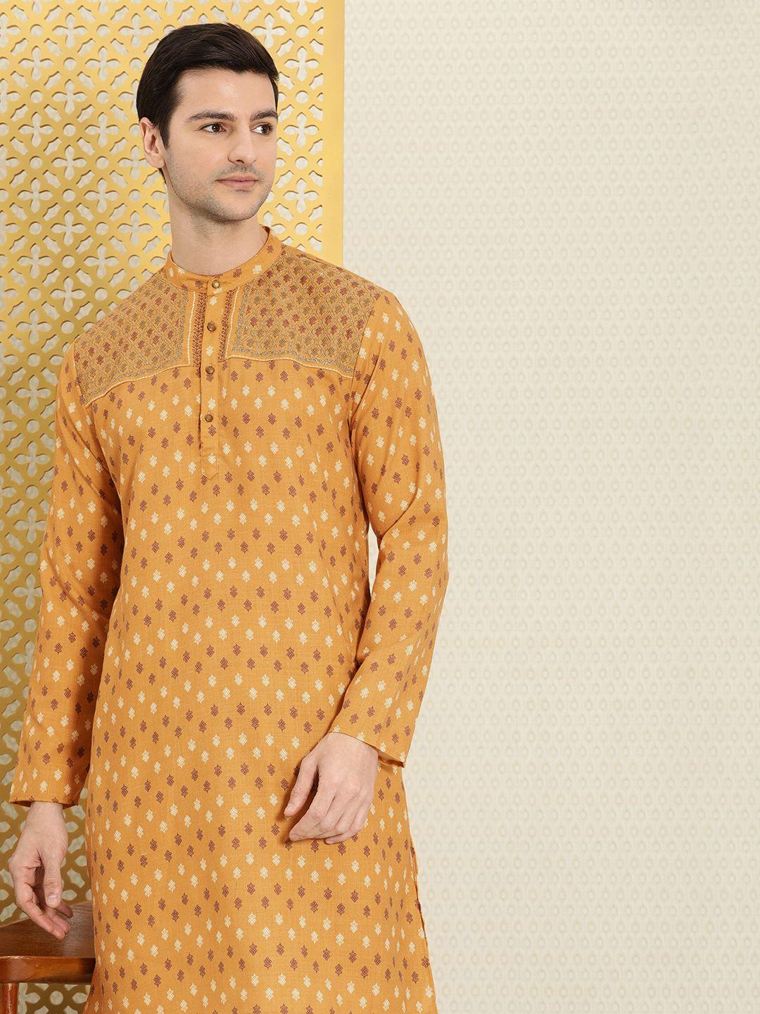 house of pataudi men mustard yellow & maroon ethnic motifs printed thread work jashn kurta