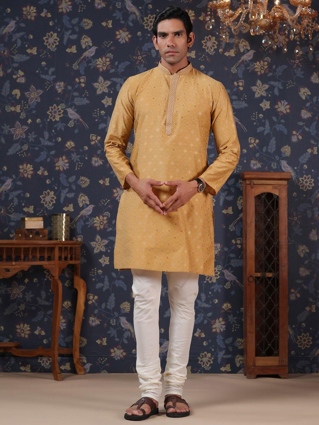 house of pataudi men mustard yellow ethnic motifs embroidered regular pure cotton kurta with churidar
