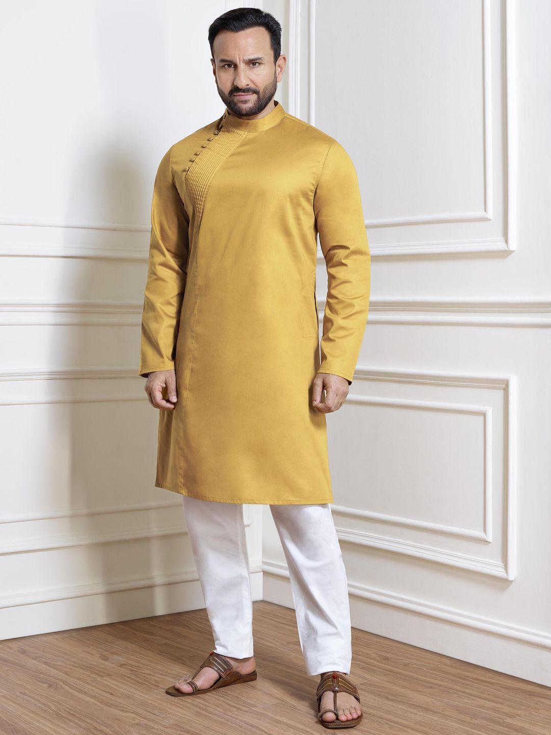 house of pataudi men mustard yellow solid straight kurta with pintucks