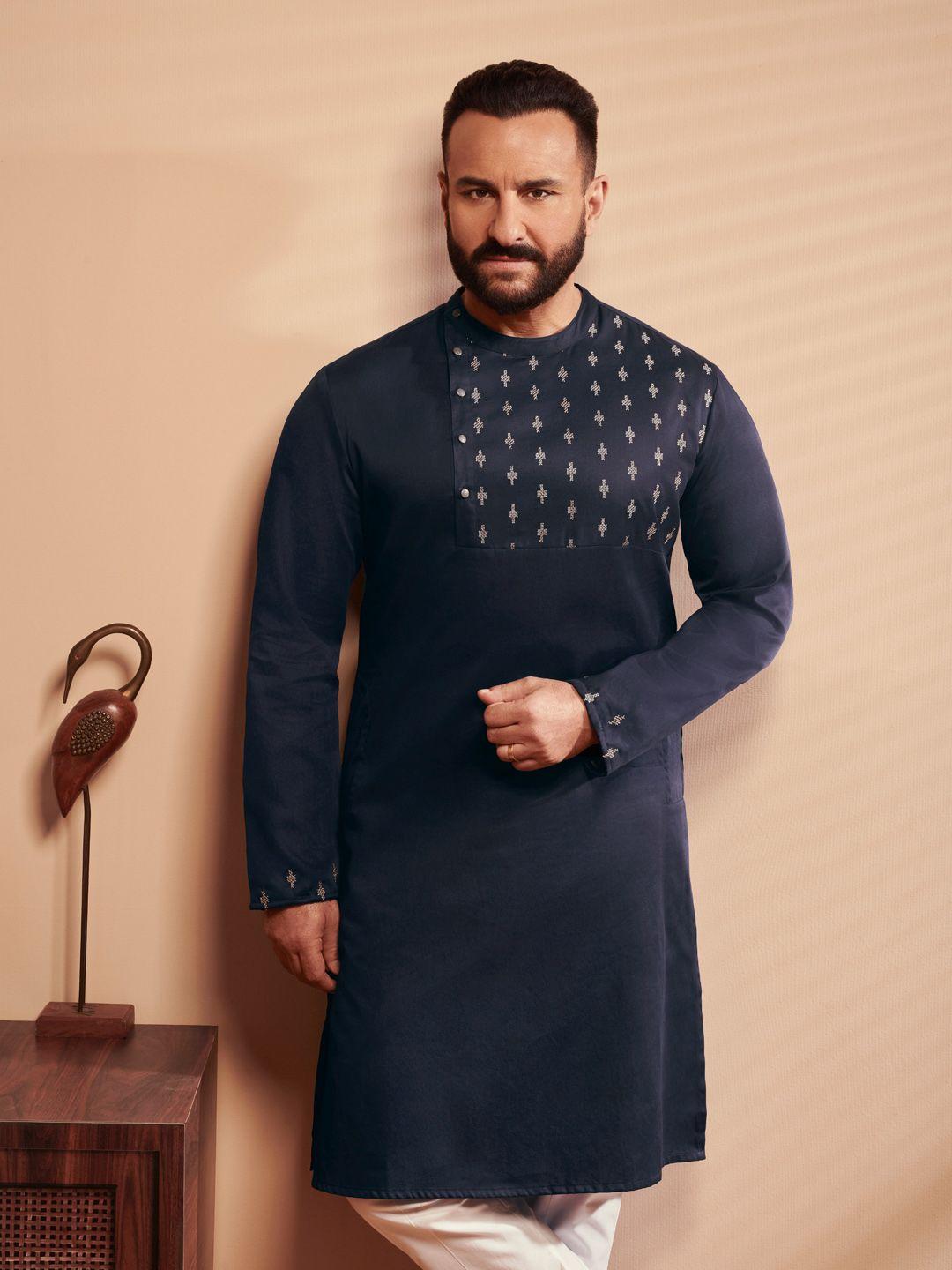 house of pataudi men navy blue & gold-toned ethnic motifs authentic hand embroidered sustainable kurta