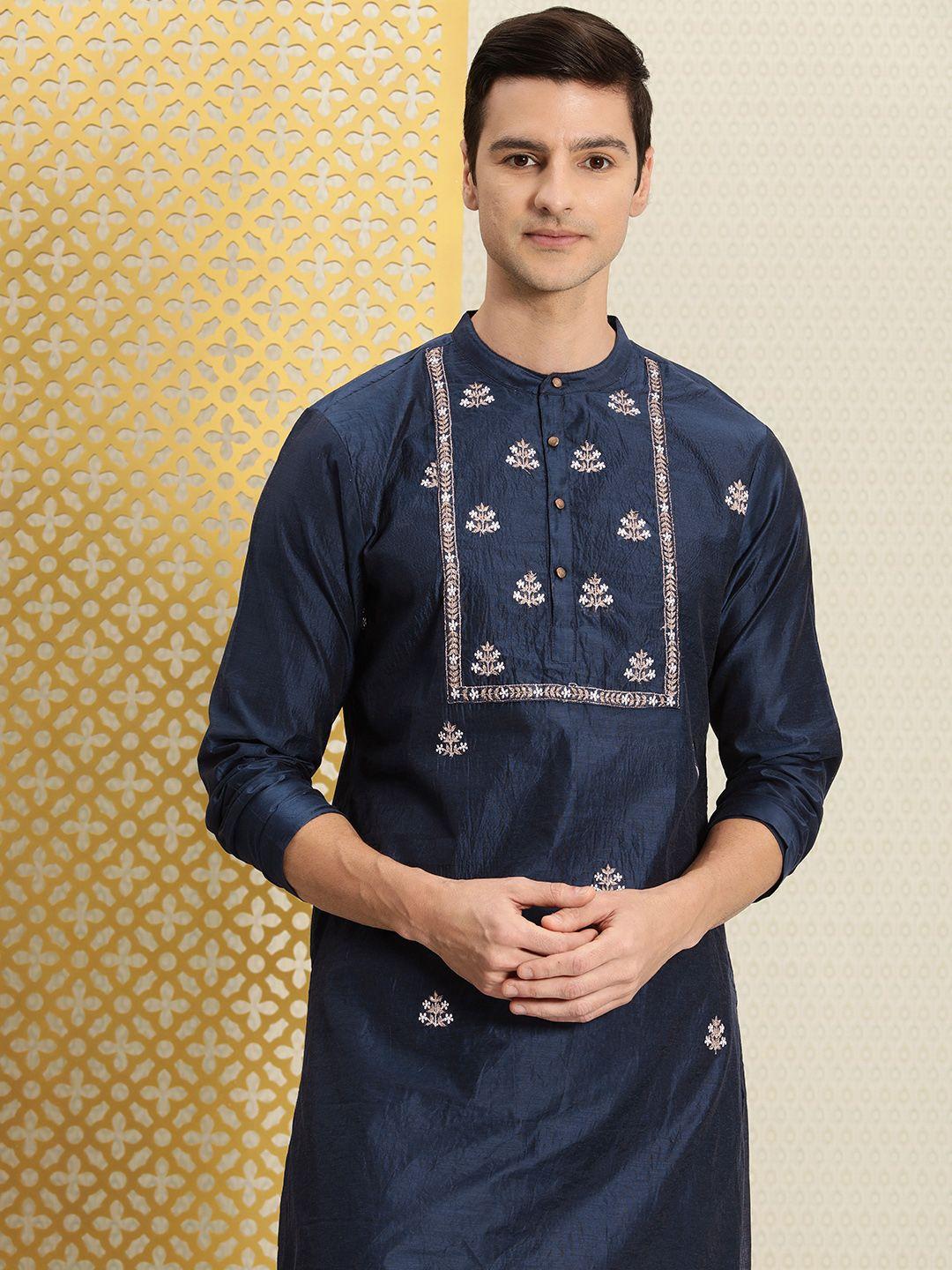 house of pataudi men navy blue & gold-toned ethnic motifs embroidered jashn kurta