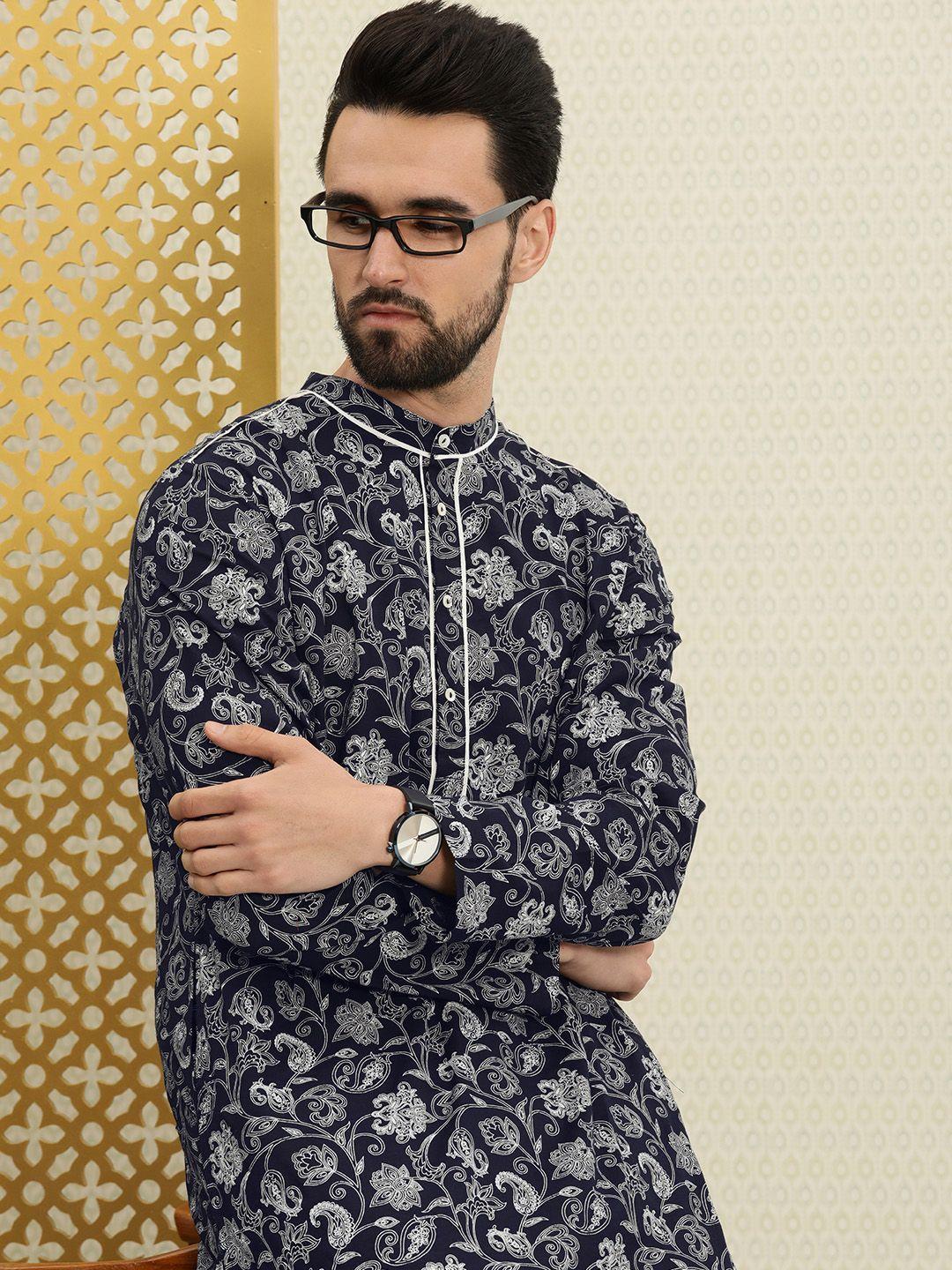 house of pataudi men navy blue & white paisley printed kurta