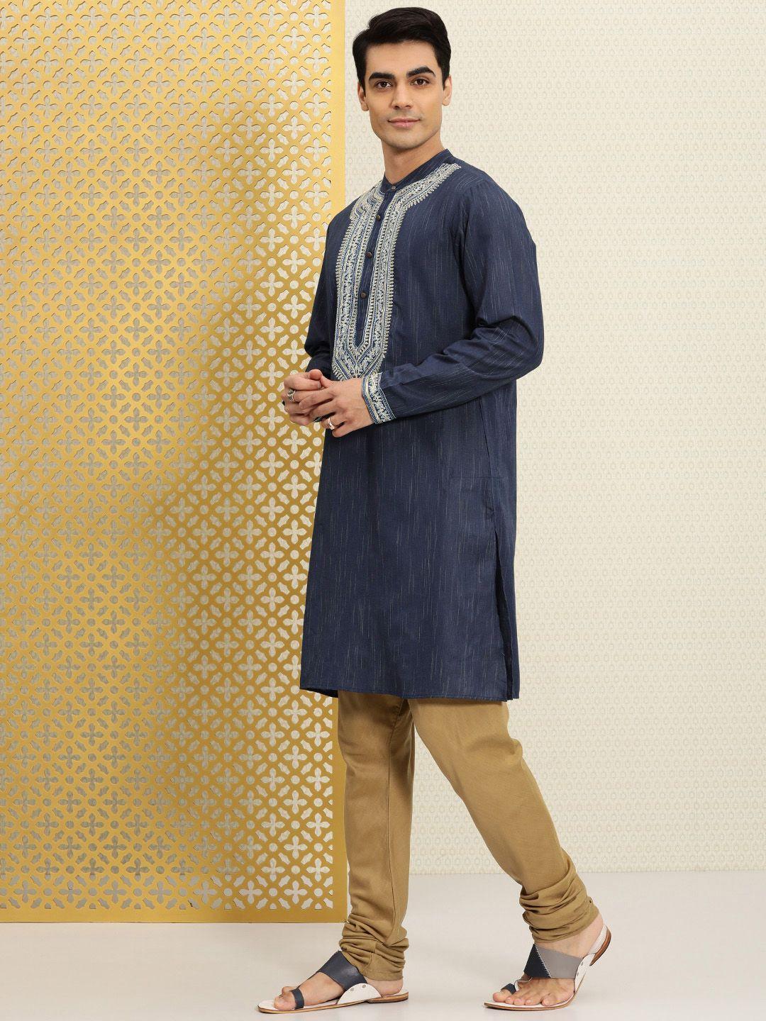 house of pataudi men navy blue embroidered striped pattern jashn kurta