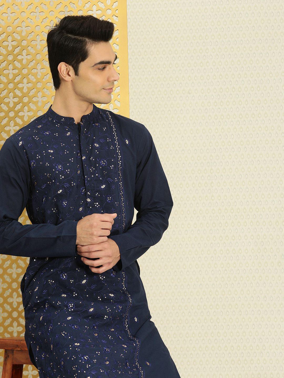 house of pataudi men navy blue ethnic motifs embroidered jashn kurta