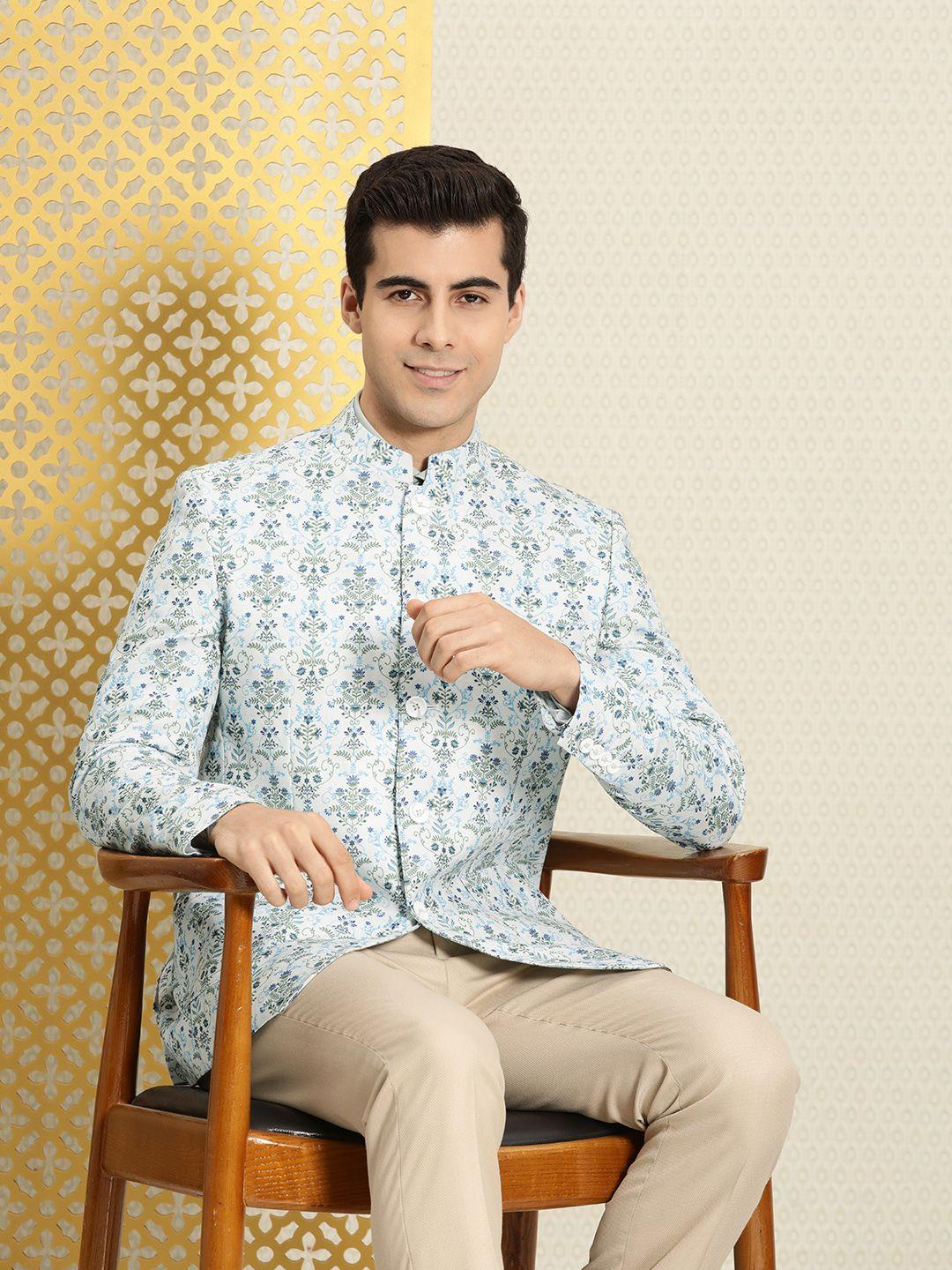 house of pataudi men off-white ethnic motifs printed linen bandhgala ethnic blazer