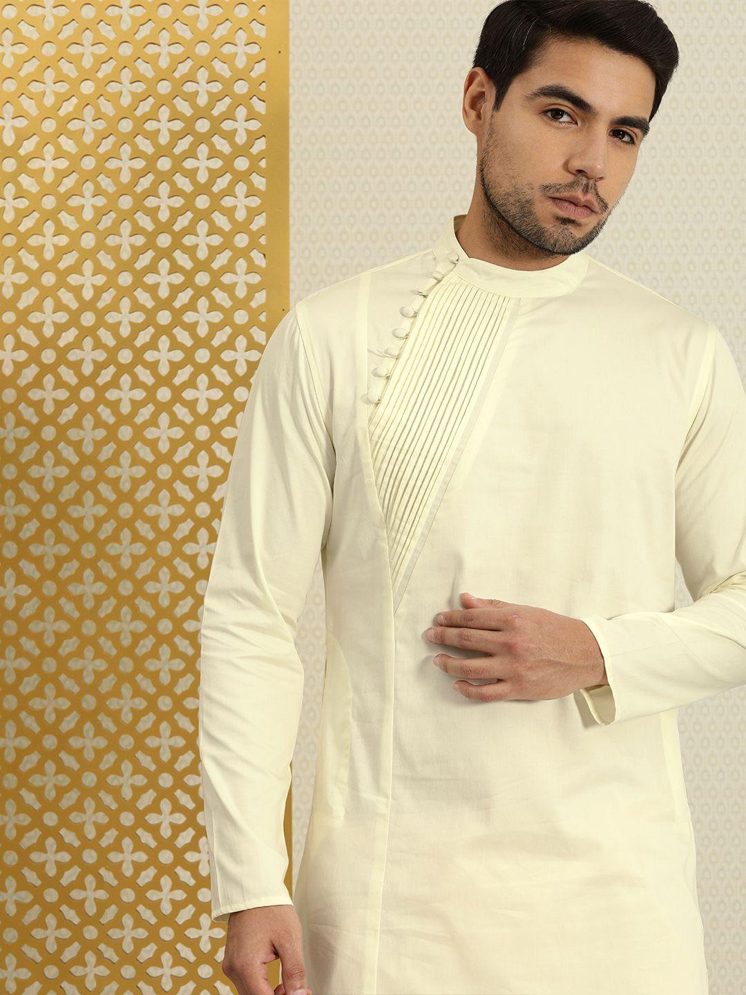 house of pataudi men off white solid pintucks detailing kurta