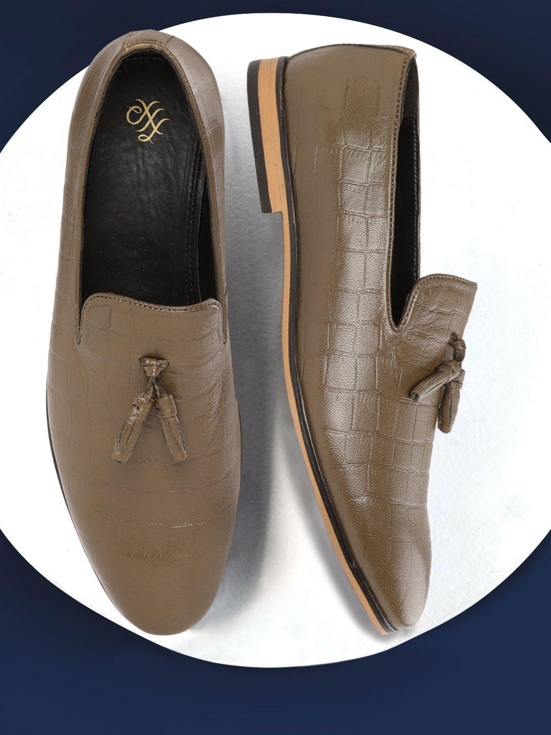 house of pataudi men olive brown croc textured tasselled loafers