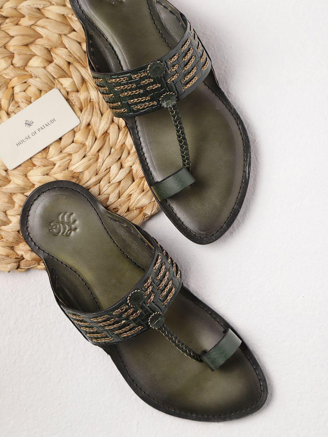 house of pataudi men olive green & gold-toned handcrafted leather braided one-toe sandals