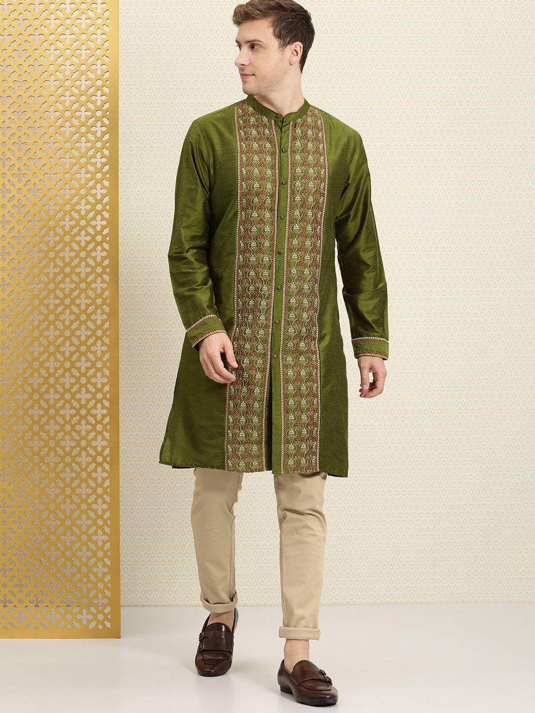 house of pataudi men olive green & pink ethnic motifs embroidered thread work kurta